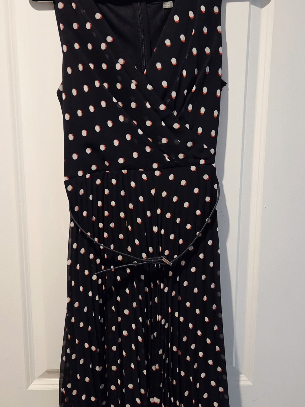 Navy Blue Polka Dot Sleeveless Wrap Dress with Belt